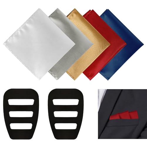 Liwein 5 Stück Einstecktuch für Herren, Stofftaschentücher Mit 2 Haltern, Einfarbig Uni (22 * 22cm) (Weiß Grau Gold Rot Blau) von Liwein