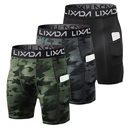 Lixada 3 Stück elastische Herren-Shorts mit Tasche, atmungsaktiv, elastische Unterwäsche, Sporthose, kurze Leggings zum Laufen, Joggen, Radfahren, Schwarz & Camouflage Schwarz & Camouflage Grün, XL von Lixada