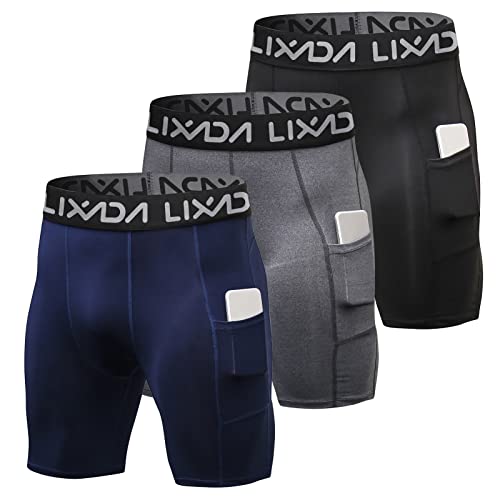 Lixada Elastische Herren-Shorts, Hose, Performance-Sport, Baselayer, kühl, trocken, Strumpfhose, Active-Workout-Unterwäsche, Schwarz, Grau, Dunkelblau (mit Taschen), M von Lixada