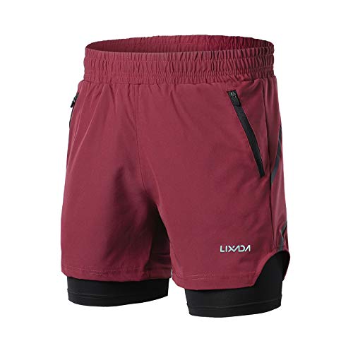 Lixada 2-in-1-Laufshorts für Herren, schnelltrocknend, atmungsaktiv, aktives Training, Training, Joggen, Marathon, Radsport, Burgunderrot und Schwarz, M von Lixada