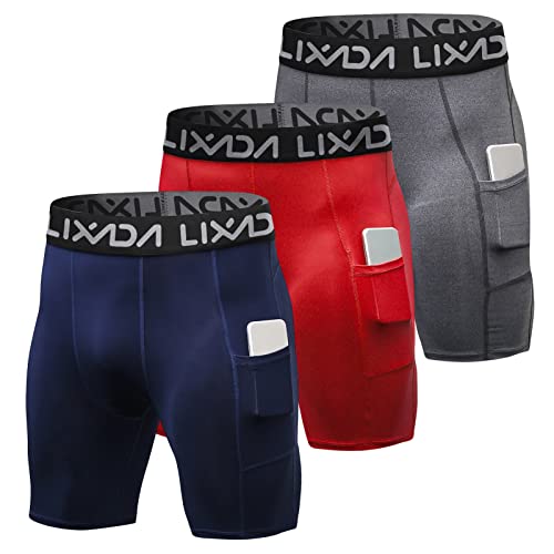 Lixada Herren 3er Pack Performance Kompressionsshorts Active Workout Unterwäsche Base Layer Strumpfhosen Kurze Leggings (Dunkelblau&Grau&Rot, XXL) von Lixada