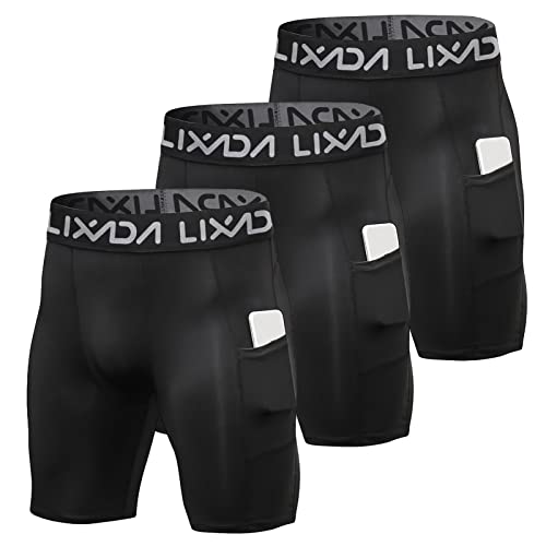 Lixada Elastische Herren-Shorts, Hose, Performance-Sport, Baselayer, kühl, trocken, Strumpfhose, Active-Workout-Unterwäsche, Schwarz (mit Taschen), XL von Lixada