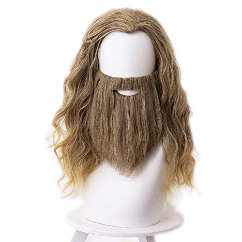 Lixinya Golden Yellow Wavy Curly Hair and Beard Halloween Party Props Cosplay Wig with Free Wig Cap von Lixinya