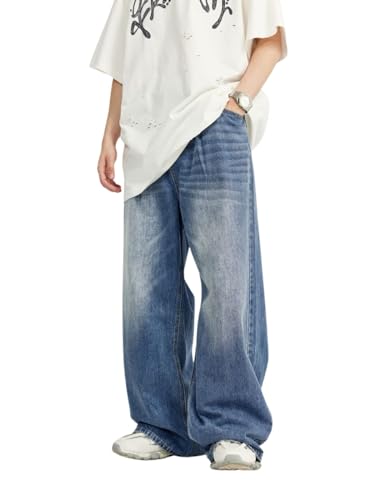 Herren Baggy Jeans Y2k Straight Leg Mid Waisted Solid Streetwear Loose Fit Vintage Hip Hop Denim Pants, Nk05-Blau, Klein von Lixom