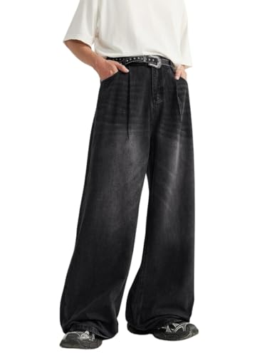 Herren Baggy Jeans Y2k Straight Leg Mid Waisted Solid Streetwear Loose Fit Vintage Hip Hop Denim Pants, Nk05-Schwarz, Klein von Lixom