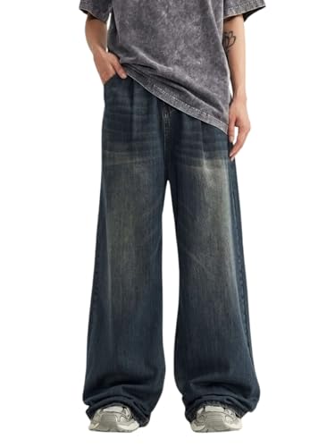 Herren Baggy Jeans Y2k Straight Leg Mid Waisted Solid Streetwear Loose Fit Vintage Hip Hop Denim Pants, #Ny-dark blue, Klein von Lixom