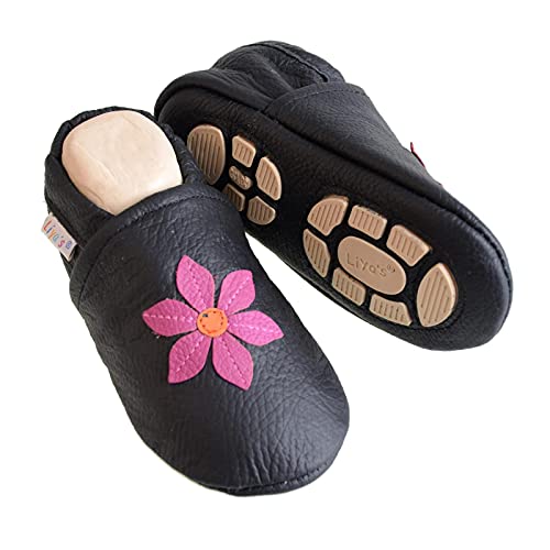 Liya's Babyschuhe Lederpuschen mit Teilgummisohle - #694 Pinkblume in schwarz - Gr. 33/34 von Liya's