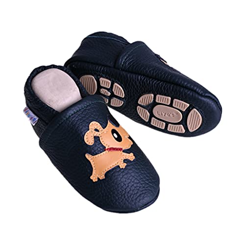 Liya's Babyschuhe Lederpuschen mit Gummisohle - #664 Hund inl tannengrün - Gr. 19/20 von Liya's