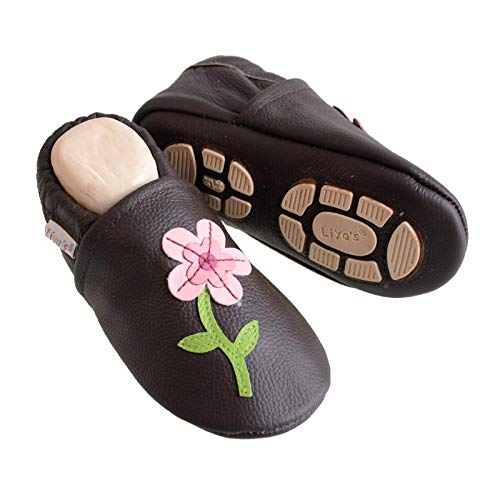 Liya's Babyschuhe Lederpuschen mit Teilgummisohle - #685 Rosa Blume in braun - Gr. 29/30 von Liya's