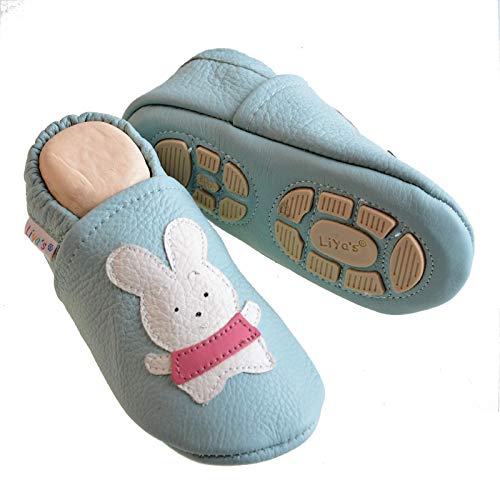 Liya's Hausschuhe Lederpuschen mit Teilgummisohle - #615 Hase in Babyblau Gr. 25/26 von Liya's