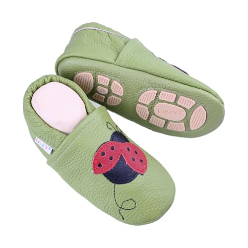 Liya's Hausschuhe Lederpuschen mit Teilgummisohle - #616 Marienkäfer in apfelgrün Gr. 21/22 von Liya's
