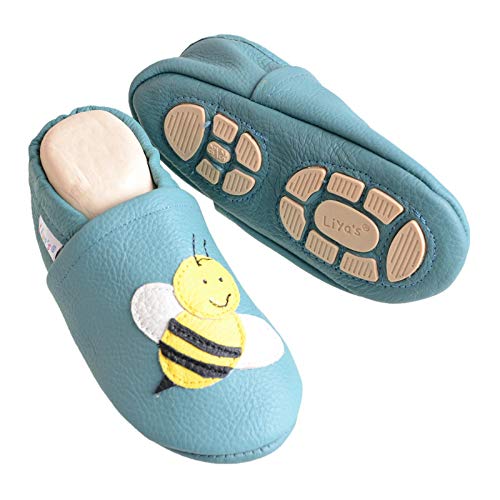Liya's Hausschuhe Lederpuschen mit Teilgummisohle - #617 Biene in Minttürkis Gr. 19/20 von Liya's