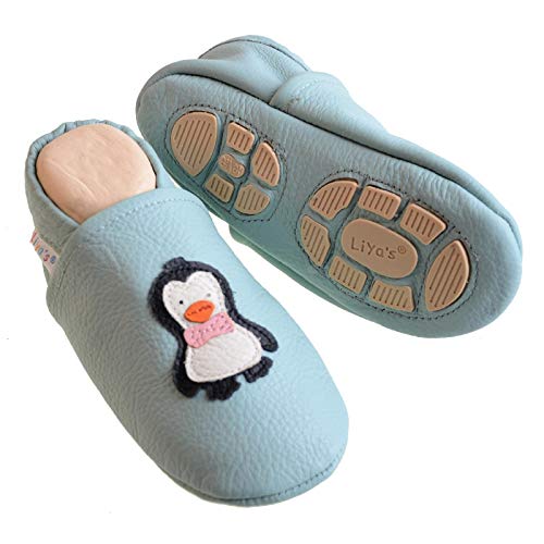 Liya's Hausschuhe Lederpuschen mit Teilgummisohle - #621 Pinguin in babyblau Gr. 25/26 von Liya's