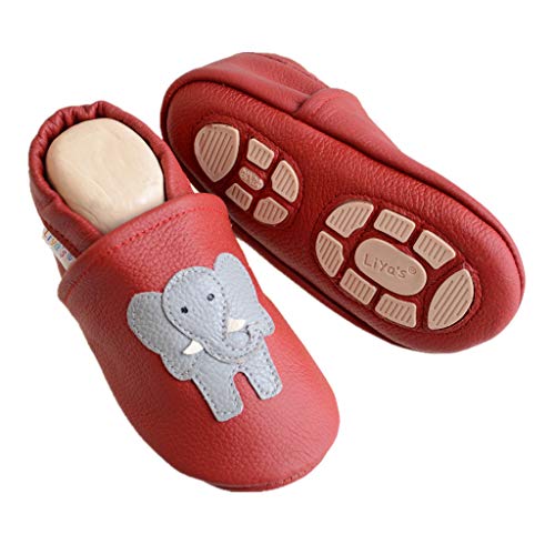Liya's Hausschuhe Lederpuschen mit Teilgummisohle - #647 Elefant in dunkelrot-23/24-647 Elefant von Liya's