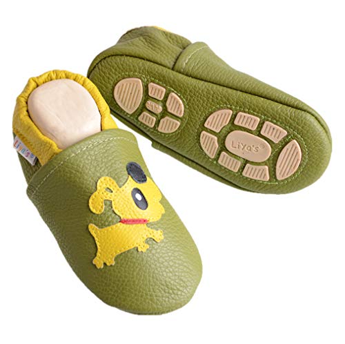 Liya's Hausschuhe Lederpuschen mit Teilgummisohle - #664 Hund in olivgrün-33/34 von Liya's