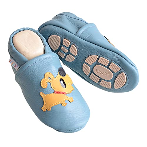 Liya's Hausschuhe Lederpuschen mit Teilgummisohle - #664 Hund in pastellblau-27/28-664 Hund von Liya's
