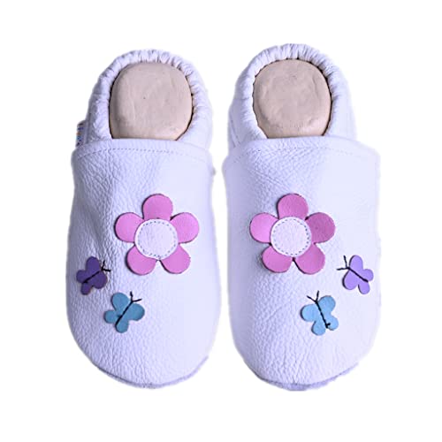 Liya's Lederpuschen Krabbelschuhe Hausschuhe - #509 Blume und Schmetterling in weiß 25/26 EU von Liya's