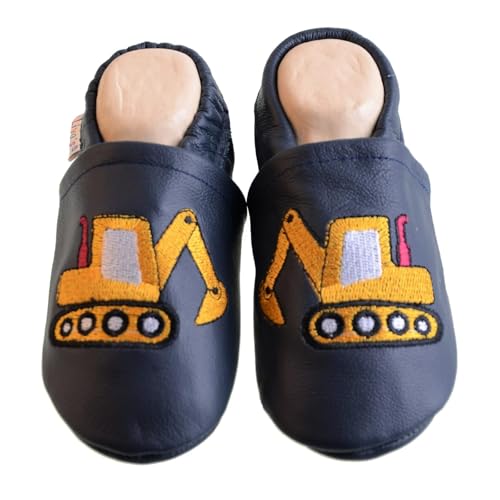 Liya's Lederpuschen Krabbelschuhe Hausschuhe - #589 Bagger in dunkelblau 21/22 EU von Liya's