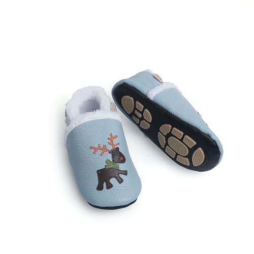 Liya's gefütterte Lederpuschen mit Teilgummisohle - #372 Elch in hellblau-27/28 von Liya's