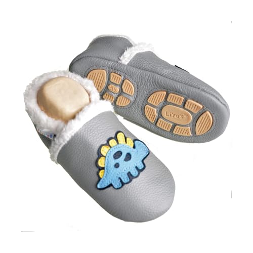 Liya's gefütterte Lederpuschen mit Teilgummisohle - #375 Stegosaurus in grau-25/26 von Liya's