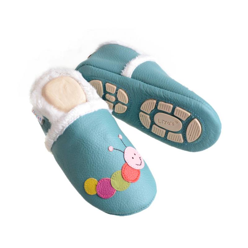 Liya's Gefütterte Lederpuschen Mit Teilgummisohle - #306 Raupe in Türkisblau von LiyasShop
