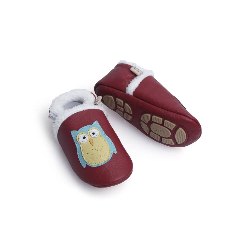 Liya's Gefütterte Lederpuschen Mit Teilgummisohle - #338 Eule in Dunkelrot von LiyasShop
