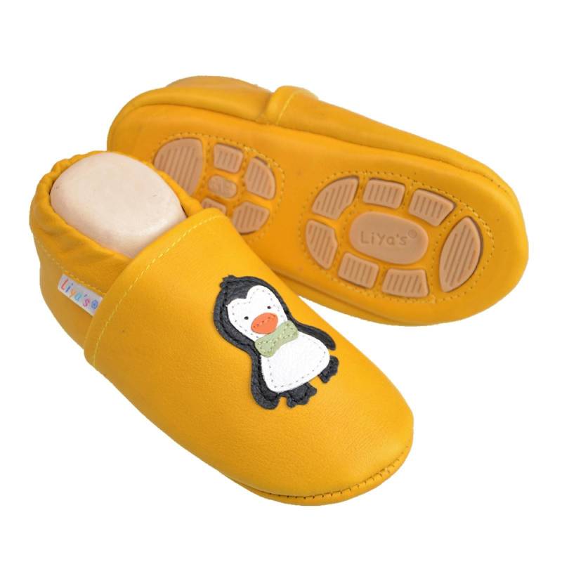 Liya's Hausschuhe Lederpuschen Mit Teilgummisohle - #621 Pinguin in Goldgelb von LiyasShop