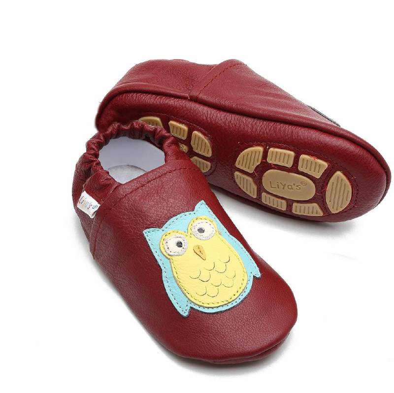 Liya's Hausschuhe Lederpuschen Mit Teilgummisohle - #638 Eule in Rubinrot von LiyasShop