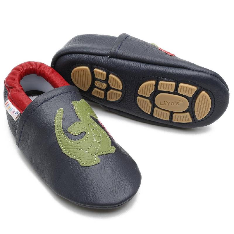 Liya's Hausschuhe Lederpuschen Mit Teilgummisohle - #655 Drachen in Dunkelblau von LiyasShop