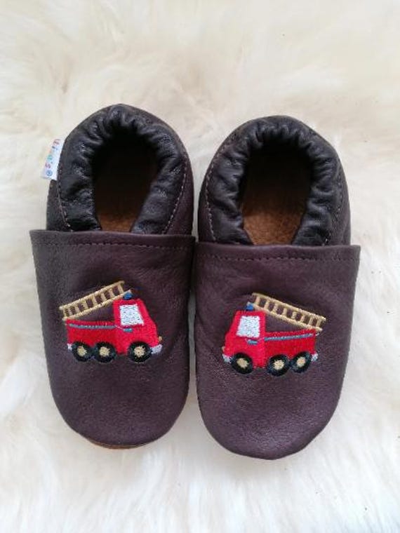 Liya's Lederpuschen Aus Ecopell Bio-Leder Mit Ledersohle in Braun-#483 Feuerwehr von LiyasShop