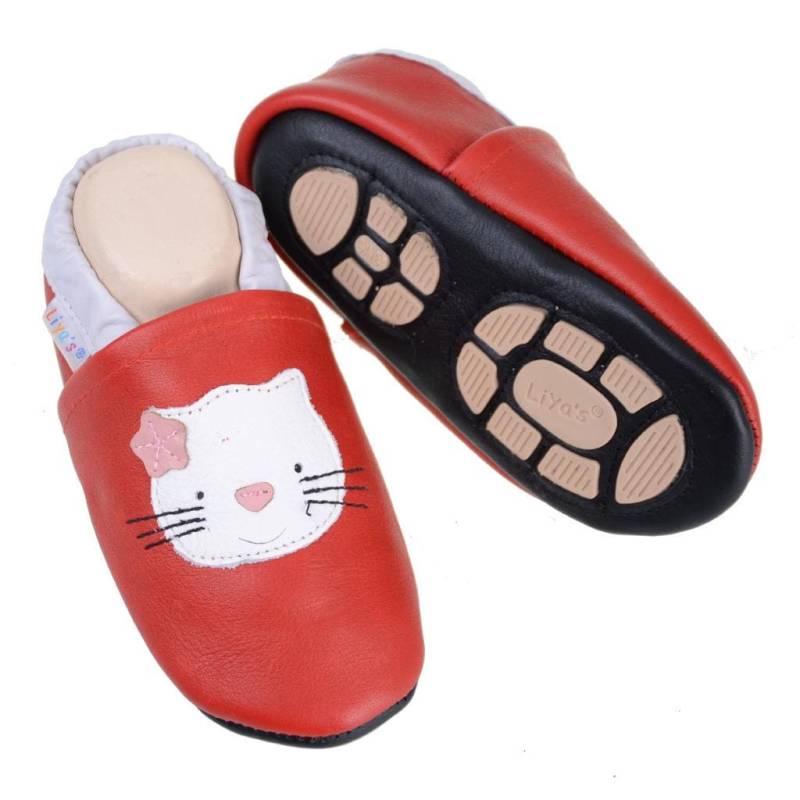 Liya's Lederpuschen Hausschuhe Mit Teilgummisohle - #635 Katze in Rot von LiyasShop