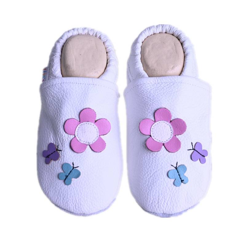 Liya's Lederpuschen Krabbelschuhe Hausschuhe - #509 Blume Und Schmetterling in Weiß von LiyasShop
