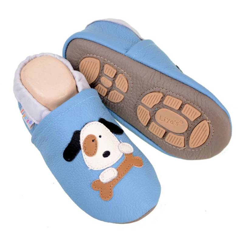 Liya's Lederpuschen Mit Gummisohle - #646 Hund Knochen in Hellblau von LiyasShop