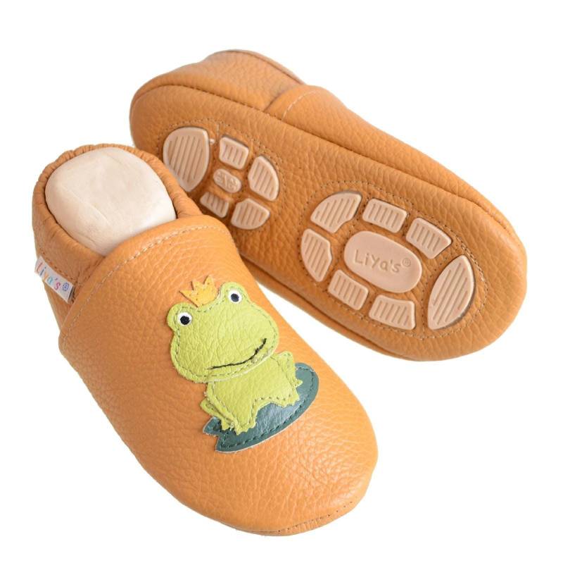 Liya's Lederpuschen Mit Gummisohle - #687A Frosch in Senf von LiyasShop