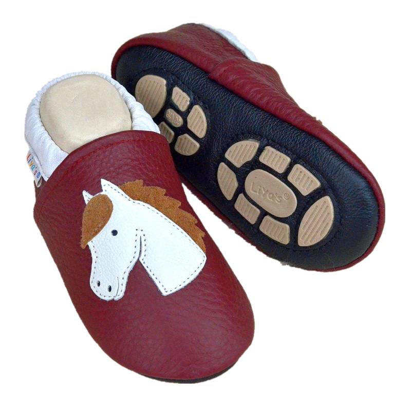 Liyas Hausschuhe Lederpuschen Mit Teilgummisohle - #639 Pferd in Weinrot von LiyasShop