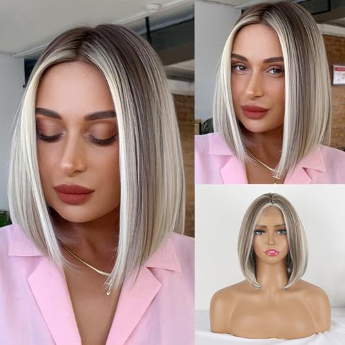 Liyouda Bob Blonde Ombre Perücke Bob mit Spitze vorne für weiße Frauen Perücke Blond Ombre Perücke Bob Mittelschnitt Blunt Bob Perücke kurz gerade umgekehrt Liyouda Bob Blonde Ombre Perücke Bob mit Spitze vorne für weiße Frauen Perücke Blond Ombre Perücke Bob Mittelschnitt Blunt Bob Perücke kurz gerade umgekehrt von Liyouda