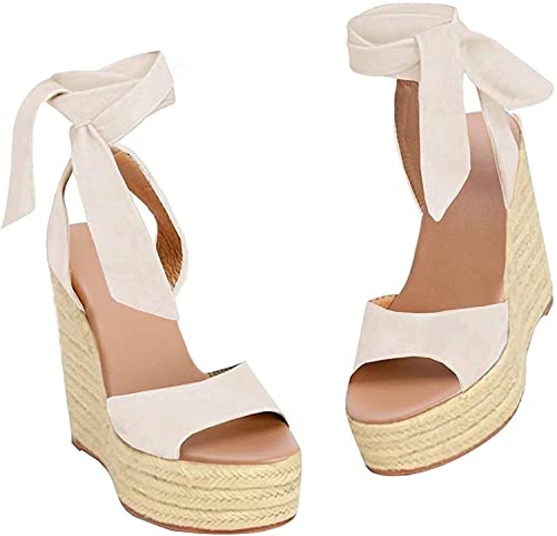 Liyuandian Damen Plateau Espadrille Wedges Offener Zehenbereich High Heel Sandalen mit Knöchelriemen Schnalle Up Schuhe, (B Beige), 40 EU von Liyuandian