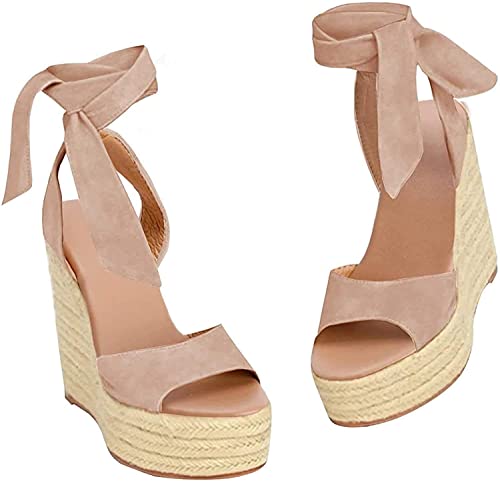 Liyuandian Damen Plateau Espadrille Wedges Offener Zehenbereich High Heel Sandalen mit Knöchelriemen Schnalle Up Schuhe, (B Khaki), 40 EU von Liyuandian