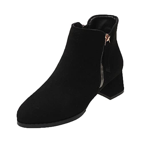 Boots Damen Stiefel Damen Mode Herbst Winter Damen Stiefeletten Mittlerer Absatz Blockabsatz Einfarbig Schwarz Runde Zehe Seitlicher Reißverschluss Schwarz Absatz (Black, 40) von Liyuera