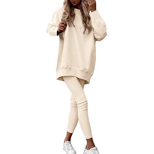 Hausanzug Damen Kuschelig Hoodie Damen Set Frauen Solide Rundhals Unregelmäßige Schulter Drop Langarm Pullover Mode Casual Set Strick 2 Teiler Damen (Beige, L) von Liyuera