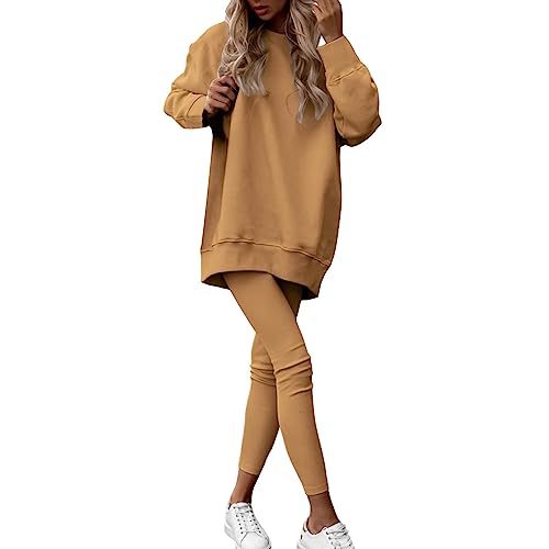 Hausanzug Damen Kuschelig Hoodie Damen Set Frauen Solide Rundhals Unregelmäßige Schulter Drop Langarm Pullover Mode Casual Set Strick 2 Teiler Damen (Khaki, S) von Liyuera