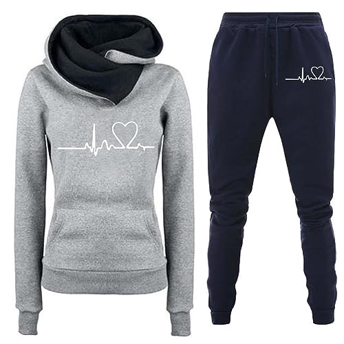 Jogginganzug Damen, Trainingsanzüge Für Damen Loungewear 2 Teiliges Outfit für Damen LäSsige TrainingsanzüGe Lockerer Und Stilvoller Einfarbiger Druck Kapuzenpullover Hosenanzug Damen Set (T1-NY1, L) von Liyuera