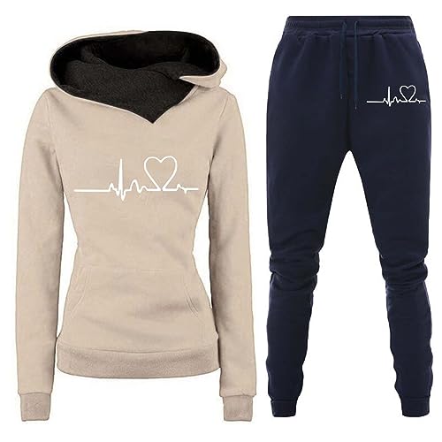 Jogginganzug Damen, Trainingsanzüge Für Damen Loungewear 2 Teiliges Outfit für Damen LäSsige TrainingsanzüGe Lockerer Und Stilvoller Einfarbiger Druck Kapuzenpullover Hosenanzug Damen Set (T2-NY1, L) von Liyuera