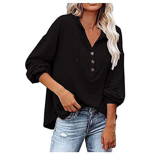 Kapuzenpullover Damen Hoodie Langarm V-Ausschnitt Pullover Knopfleiste Henley Sweatshirt mit Kapuze Kordelzug Oberteil (1-Black, L) von Liyuera