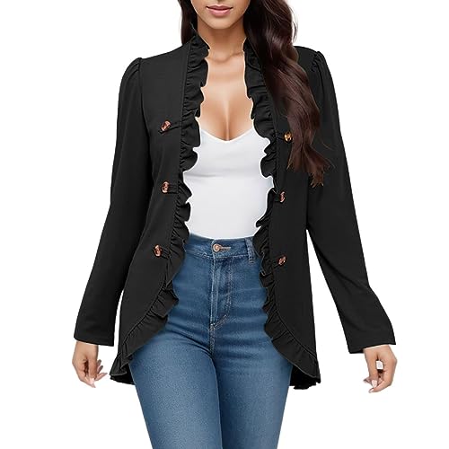 Liyuera Blazer Damen Elegant Strickjacke Damen Cardigan Einfarbige Damen-Shorts mit Rüschen, vorne offen, geknöpft und Langen Ärmeln für Herbst und Winter Damen Mantel Übergangsjacke (Black, XL) von Liyuera