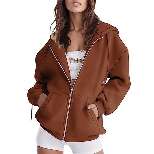 Liyuera Damen Kapuzenjacke Kapuzenpullover Vintage Oversize Sweatjacke Sweatshirt College Jacke Übergangsjacke Zip Hoodie Hoody mit Kapuze (T2-Coffee, M) von Liyuera