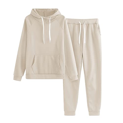 Liyuera Jogginganzug Damen Zweiteiler Damen Damen einfarbiges Fleece einfarbig mit Hut Sportanzug Damen Laufanzug Damen (Beige, L) von Liyuera