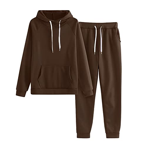 Liyuera Jogginganzug Damen Zweiteiler Damen Damen einfarbiges Fleece einfarbig mit Hut Sportanzug Damen Laufanzug Damen (Coffee, S) von Liyuera