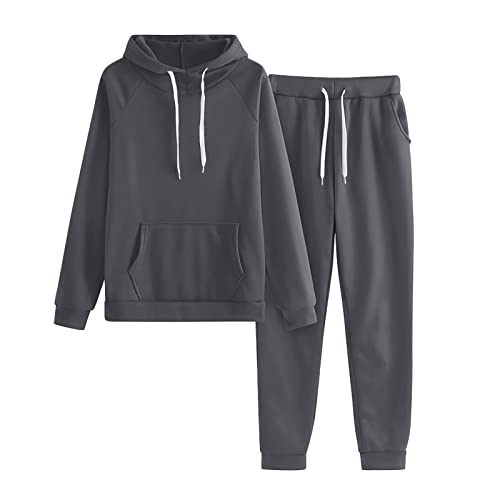 Liyuera Jogginganzug Damen Zweiteiler Damen Damen einfarbiges Fleece einfarbig mit Hut Sportanzug Damen Laufanzug Damen (Dark Gray, M) von Liyuera