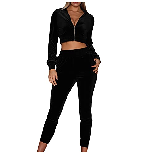 Liyuera Jogginganzug Damen Zweiteiler Damen Frauen Anzug langärmelige Sweatshirts aus samt Sportanzug Langarmhose aus samt Sweater aus samt Sportanzug Leggins Shorts Damen (Black, L) von Liyuera